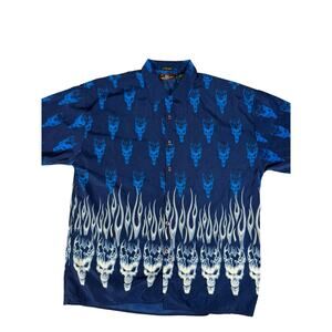 No Contest Blue Flaming Skulls Button Up Shirt